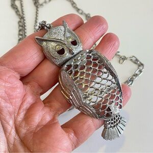 Vintage Owl Pendant Necklace Double Chain Tancer II Silver Tone Heavy Articulate